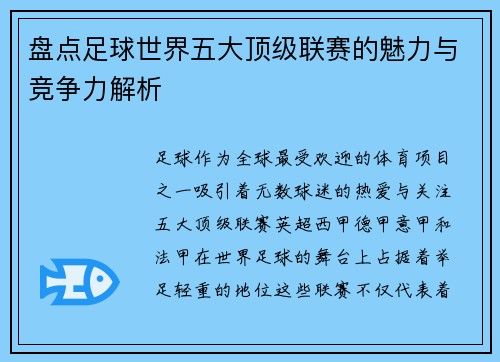 盘点足球世界五大顶级联赛的魅力与竞争力解析